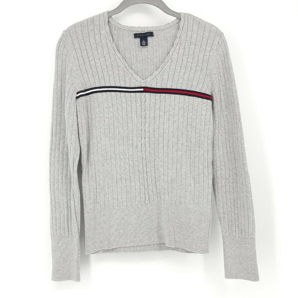 Tommy Hilfiger Sweater M V-neck Gray Logo Stripe